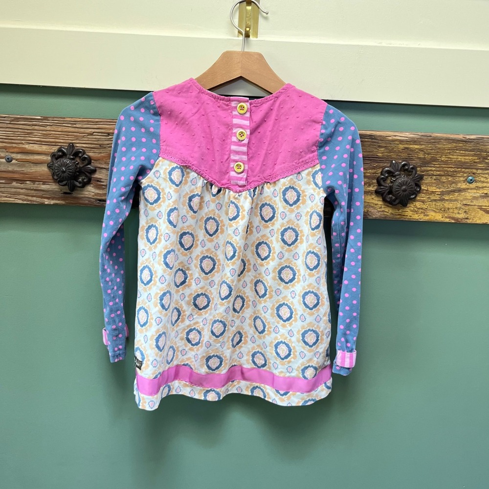 Matilda Jane Girls Pink Blue Mixed Media Medallion Polka Dot Tunic Top Size 6